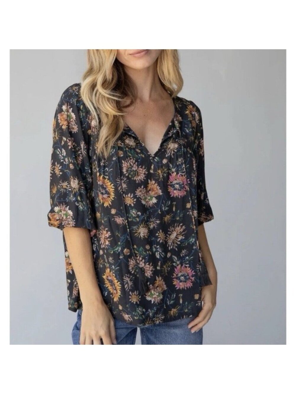 Natural Life Maribel Black Floral Top Boho Festival Prairie Peasant